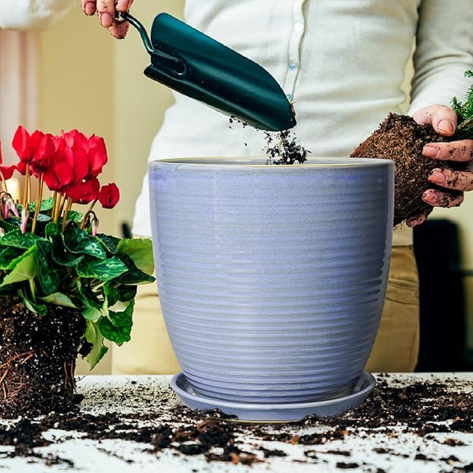 Ceramic Planter - Modern Round 12 Inch Pots for Plants with Drainage Hole and Plant Saucer for Flower Indoor, Garden Room Home Office House Decor, House Warming Gifts, Blue-Purple