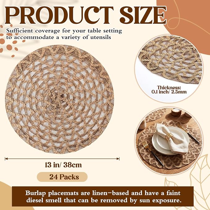 24 Pcs 13 Inch Round Natural Burlap Placemat Boho Jute Woven Charger Bulk Rustic Vintage Brown Heat Resistant Dining Table Mat for Wedding Farmhouse Kitchen Easter Summer Decoration