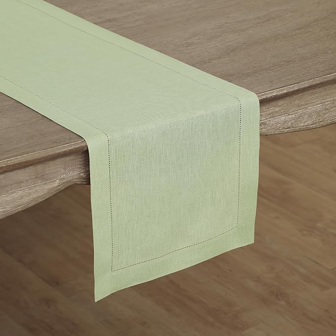 Solino Home 100% Linen Table Runner Green, Classic Hemstitch 14 x 90 in | a graceful centrepiece for dining and gatherings, hemstitched border, mitered corners, machine washable, OEKO-TEX Certified
