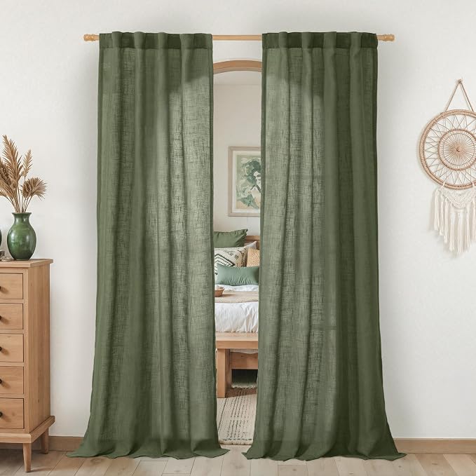 Olive Green Linen Curtains 80 inch Length 2 Panels for Bedroom | Light Filtering, Semi Sheer, Rod Pocket Back Tab, Neutral Drapes for Doorway, Living Room, Window Treatment, 34 x 80 Inch