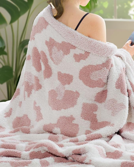 Knit Throw Blanket for Couch, Soft Cozy Fluffy Knitted Blanket for Sofa, Bed, Gift for Women Girls Home Decor (Leopard-Pink, Throw 50"x60")