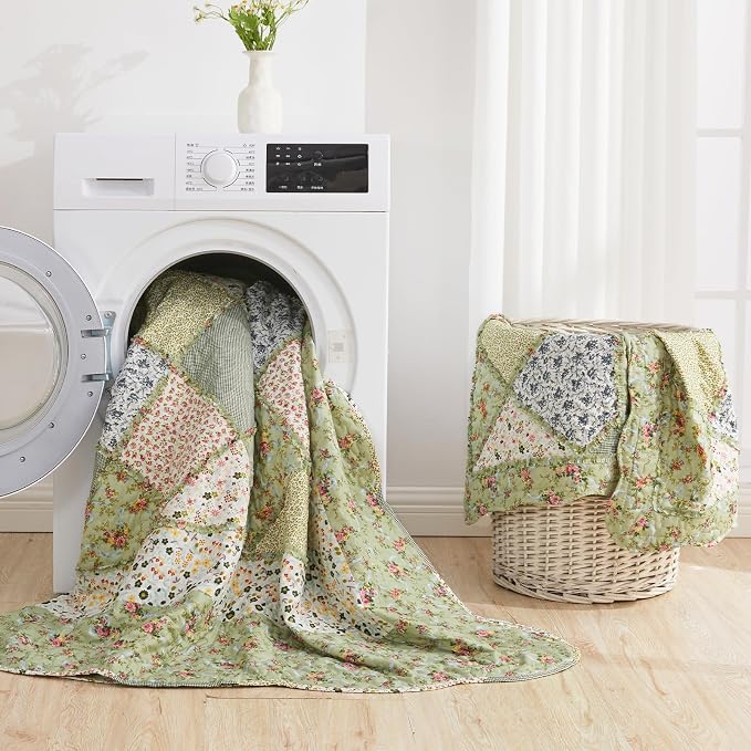 Full/Queen Size Quilt Set Green Floral Patchwork Bedspreads Coverlet Set | VIVILINEN 3-Piece Reversible Floral Bedding Set Lightweight Comforter Queen Bed Sheet Set Cover Blanket with 2 Pillow Shams