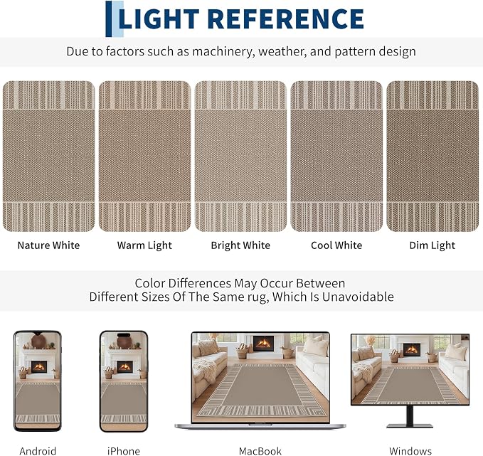COZYLOOM Easy Jute Area Rugs 9x12 Large Living Room Rug with Rubber Backing, Washable Stain Resistant Bordered Rug Non Shedding Neutral Striped Farmhouse Carpet for Bedroom, Patio, RV, Beige Brown