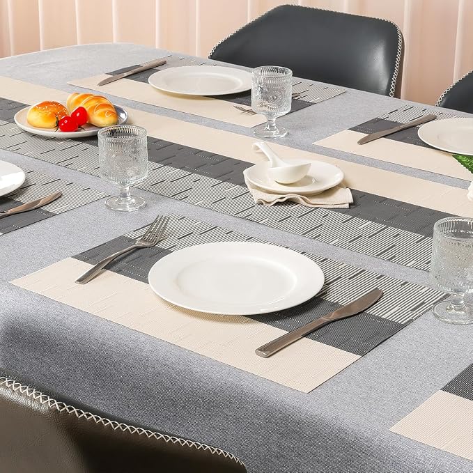 Placemats Set of 8, Vinyl Woven Heat-Resistant Place Mats | Washable Wipeable PVC Table Mats, Non Slip Placemat for Kitchen Dining Indoor Outdoor Table (Beige Dark Gray, Set of 8)