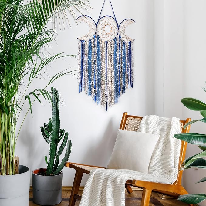 Blue Triple Moon Goddess Dream Catcher Macrame Wall Hanging, Pagan Decor