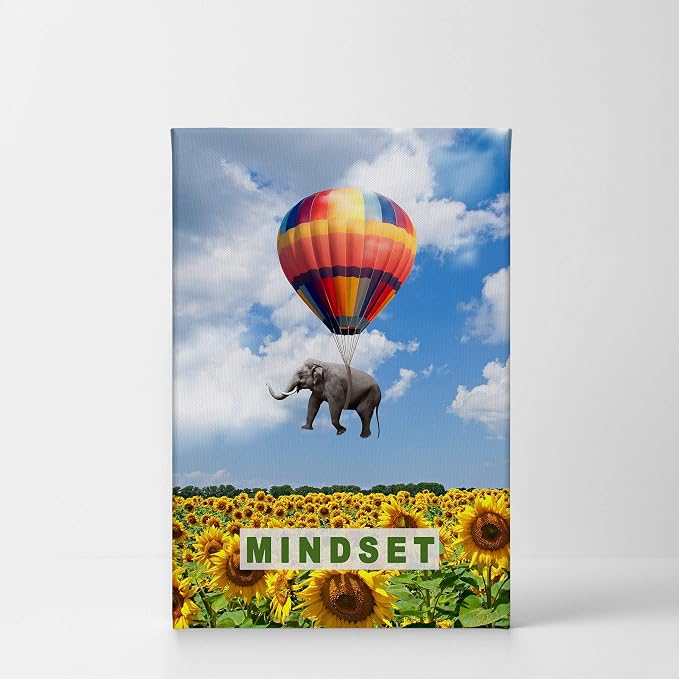 Smile Art Design Mindset Elephant with Balloon Sunflower Field Motivational Wall Art Canvas Print Inspirational Wall Art Entrepreneur Quote Canvas Print Modern Office Decor Gift Ready to Hang 28x19