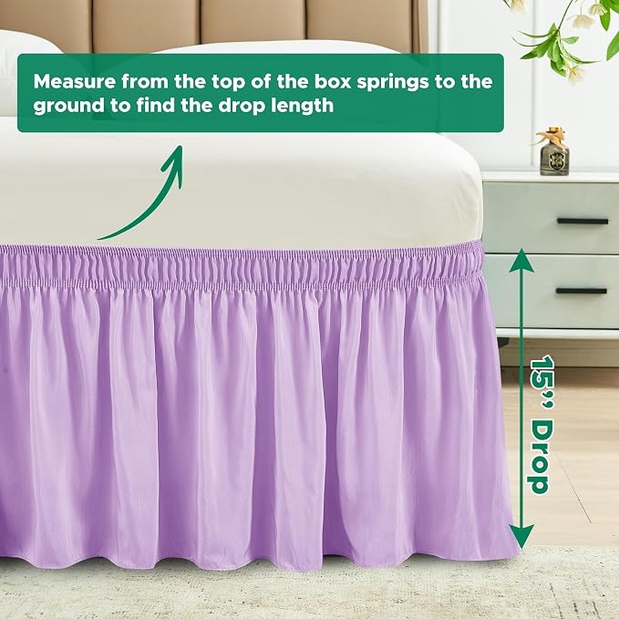 Wrap Around Bed Skirt Full Size Beds 15" Drop-Elastic Dust Ruffle Violet | Adjustable Pleated Bedskirt-Easy Fit Wrinkle Resistant Washable Bed Skirting-Hotel Studio Apartment Home Guest Bedroom Rental