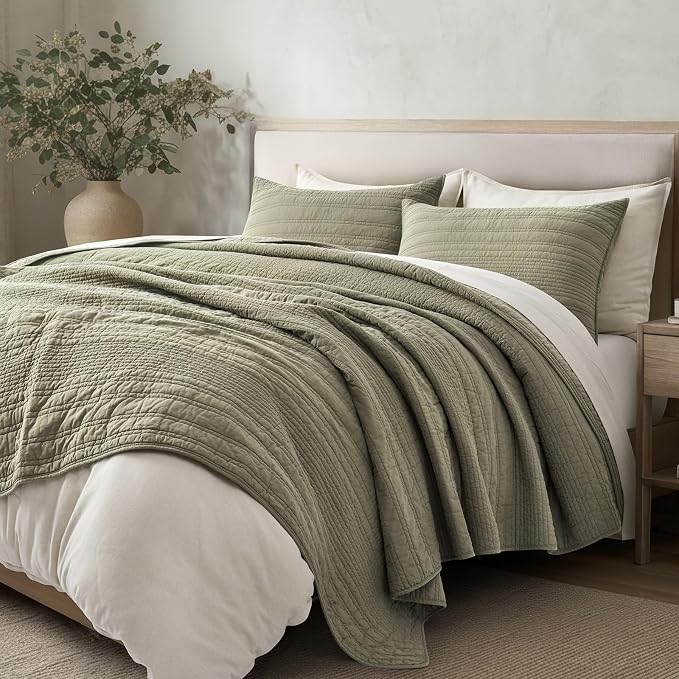 EVERGRACEHOME 100% Cotton Modern Lines Quilt Set King Size, Light Sage | Pre-Washed Soft Cotton, Striped Coverlet Bedspread, 3 Piece Lightweight Bedding Set for All Season, with 2 Pillow Shams