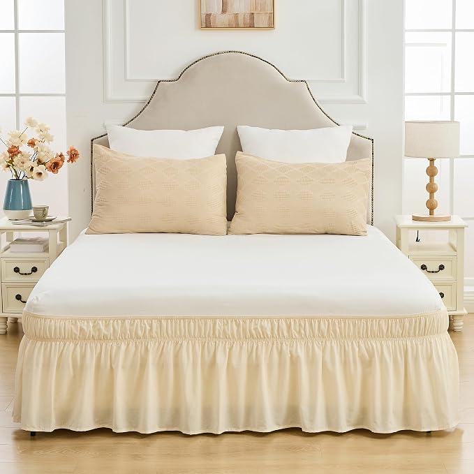 BISELINA Wrap Around Bed Skirts 17" Drop, Cotton Adjustable Elastic Dust Ruffles Easy Fit Wrinkle & Fade Resistant Soft Cozy Elegant Luxurious Bedding - Beige, Queen Size