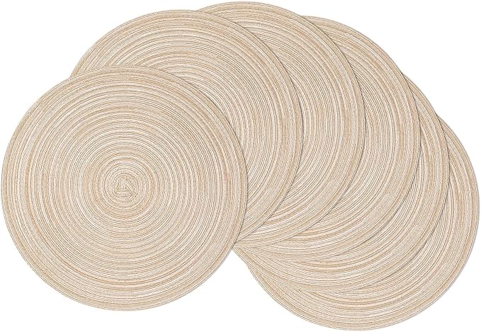 SHACOS 15 inch Round Placemats Set of 6, Cotton Polyester Woven Braided Place Mats, Washable Heat Resistant Circle Table Mats for Dining Table (Beige, 6)