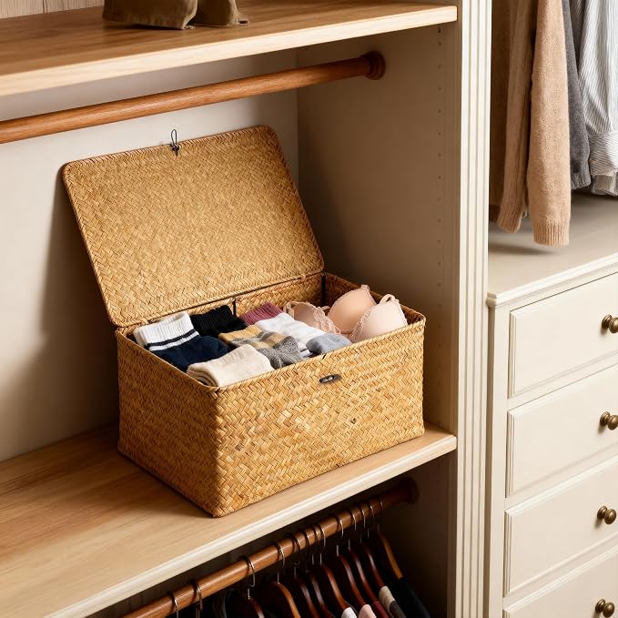 Nonam Large Wicker Basket with Lid,Seagrass Shelf Storage Basket,Natural | Basket Container for Organizing, Boho Decorative Basket, Rectangular Household Storage Boxes for Home Organization