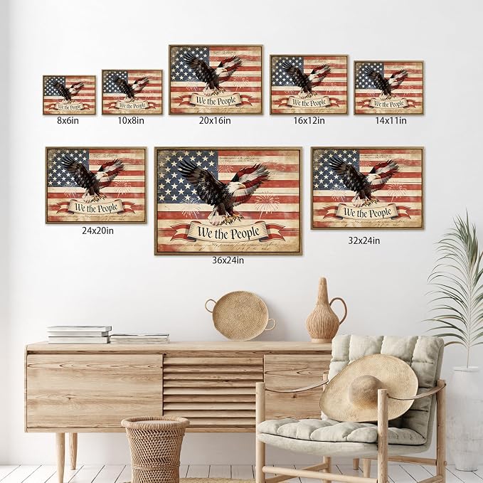 American Flag Framed Canvas Wall Art, 4th of July Patriotic Canvas Prints | USA Flag with Bald Eagle Poster Print, Vintage Independence Day Wall Decor for Bedroom Living Room 20×24in