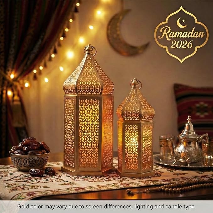 Vela Lanterns Decorative Indoor Gold Moroccan Temple Lanterns, Set of 2