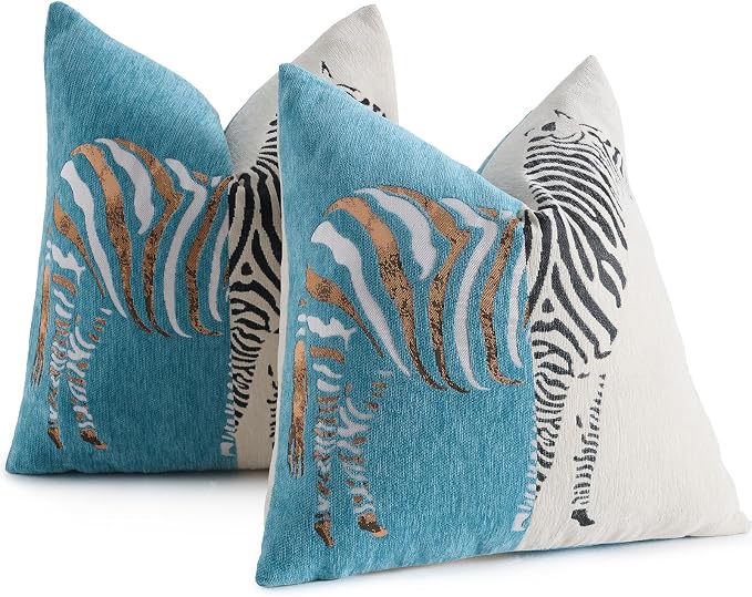 AmHoo Set of 2 Throw Pillow Covers Zebra Chenille Patchwork Decorative Pillows Cover Pillowcase for Sofa Couch Bed 18 x 18-Inch Coastal Shade