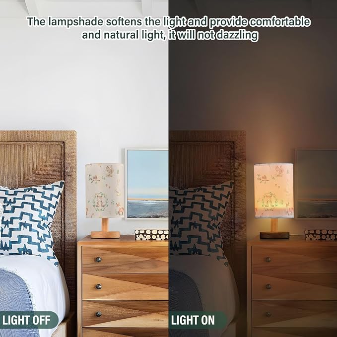 Bedside Table Lamp Woodland Animals Nightstand Lamp with Wood Forest Rabbit Deer Hedgehog Floral Desk Lamps for Bedroom Living Room Nursery Office Home Decor