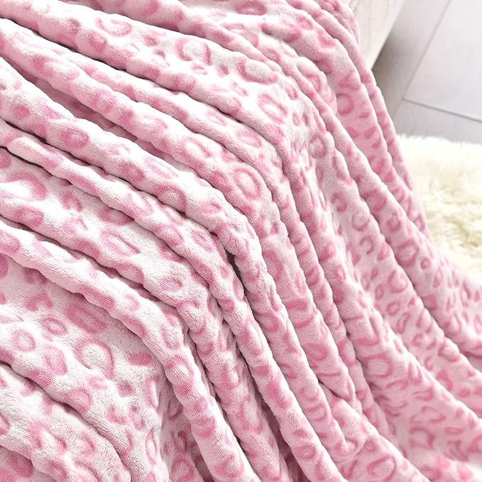 PLEASANT BOULEVARD | Leopard Throw Blanket Fleece, Premium Lightweight Cozy Warm Plush Microfiber Pink Blanket for Couch Sofa and Bed (Pink, Throw (50 x 60 inches))