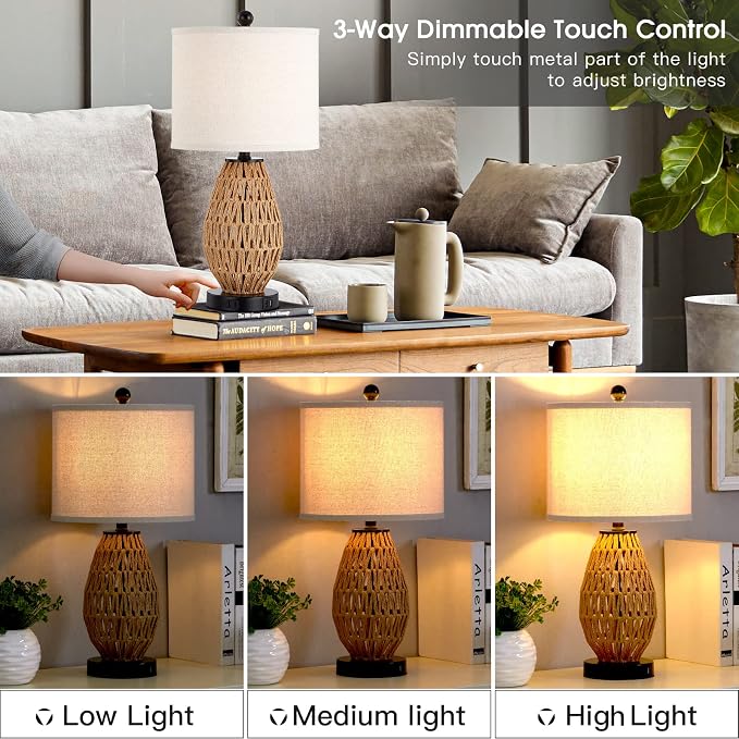CINSARY Touch Control Rattan Table Lamps, 3 Way Dimmable Bedside Lamps for Bedroom Set of 2 with 2 USB Ports and AC Outlet, Wicker Nightstand Lamps for Living Room (LED Bulbs Included), Rattan