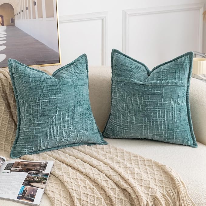 MADIZZ Pack of 2 Chenille Throw Pillow Covers 24x24 Inch Teal Soft Neutral Decorative Throw Pillows for Couch Sofa Boho Accent Cushion Covers Modern Farmhouse Home Decor for Bedroom Living Room