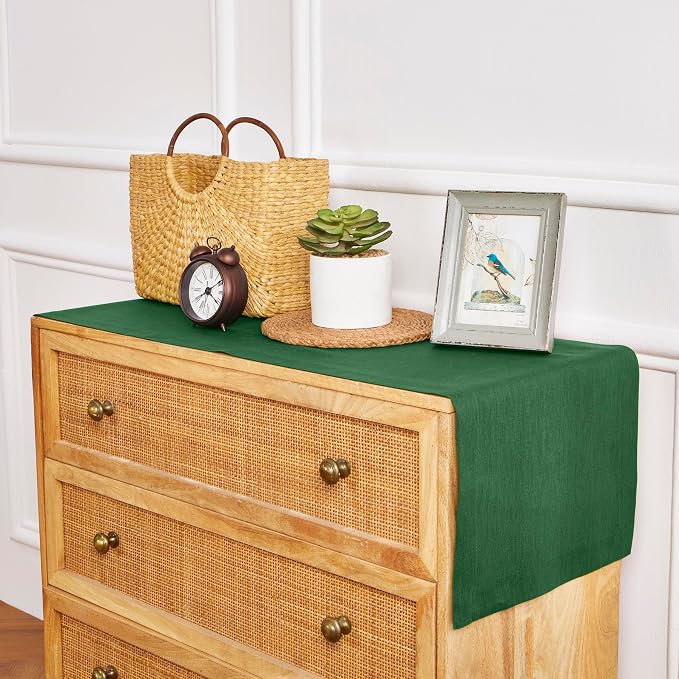 Solino Home 100% Pure Linen Table Runner Pine Green Woven, Fete 14 x 60 in | brings a tailored look to family meals and hosting, European flax fibres, effortlessly elegant, soft, OEKO-TEX Certified