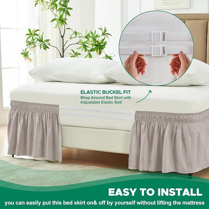 Wrap Around Bed Skirt Full Size 17" Drop-Elastic Dust Ruffle Camel Grey | Adjustable Pleated Bedskirt-Easy Fit Wrinkle Resistant Washable Bed Skirting-Hotel Studio Apartment Home Guest Bedroom Rental