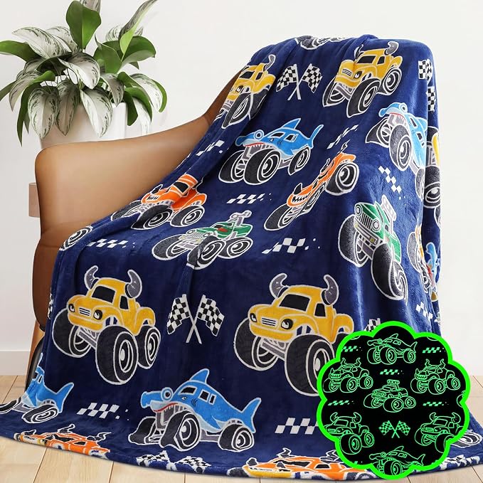 Monster Shark Truck Blanket, Cars Truck Toys Gifts for Boys Age 3-12, Glow in the Dark Blankets for Toddler Boys, Construction Tractor Fleece Throws for Travel Daycare Nap Room Decor, 40x60 inches