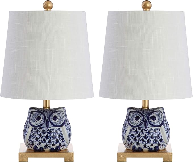 JONATHAN Y Justina Owl Mini Table Lamp 16" Ceramic, Blue/White, Set of 2