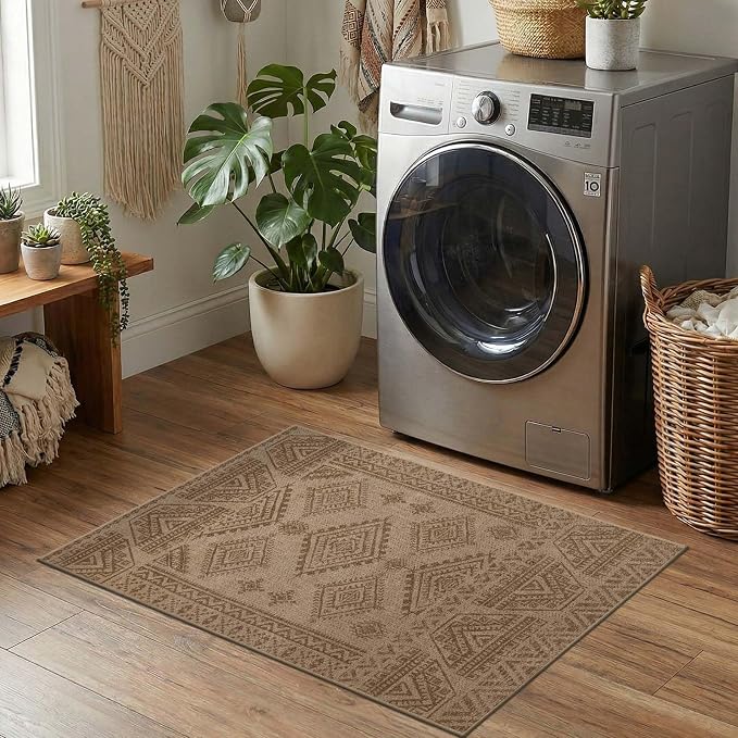 jinchan 2x3 Faux Jute Area Rug Washable Boho Entryway Rug, Natural Taupe | Southwestern Geometric, Non-Slip, Low Pile, Indoor Outdoor, High-Traffic, Kitchen, Bathroom, Laundry Room, Porch, Balcony