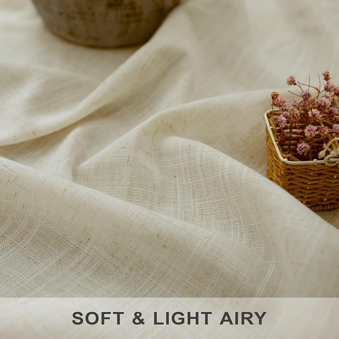 Pitalk Birch Beige Semi Sheer Linen Window Curtains 63 Inch Length 2 Panels Light Filtering Neutral Oatmeal Curtains Modern Farmhouse Back Tab Rod Pocket Pleated Drapes for Bedroom 52 x 63 Inch Long