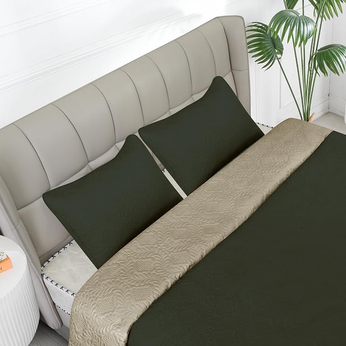 Easy-Going Reversible Quilt Set Twin, Bedspread with 1 Shams | Olive leaf-Army Green/Beige, Lightweight Microfiber Bed Comforter, 1 Quilt + 1 Pillow Shams, All-Season Coverlets