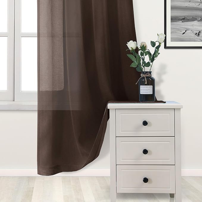 DWCN Brown Sheer Curtains Linen Look Semi Transparent Voile Grommet Curtains for Living Room Bedroom Drapes 52 x 90 inches Long, Set of 2 Panels