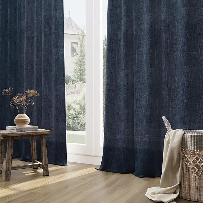 Navy Blue Linen Curtains 84 Inch Length for Living Room Bedroom 2 Panels Set Rod Pocket Light Filtering Semi Sheer Window Curtains 52 Inch Width Boho Farmhouse Linen Drapes, W52xL84