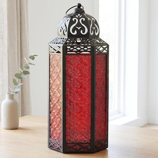 Vela Lanterns Decorative Indoor Candle Holder Table Centerpieces - Moroccan Hanging Outdoor Patio & Porch Home Decor, Turkish Floor Lamp for Wedding, Ramadan (Extra Large 16", Red Glass)