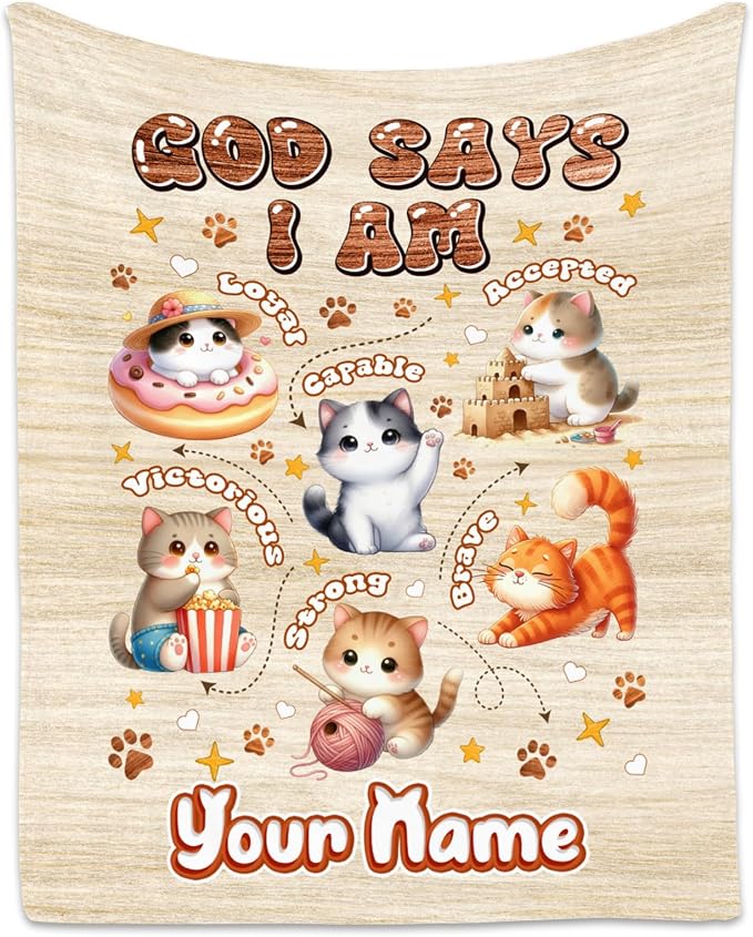 Personalized Cat Blankets with Name, Cat Themed Gifts for Girls Cat Lovers, Animal Print Blanket with Cats on It, God Says I Am Blanket for Kids Daughter Son, Fleece Throw Blankets for Bed, 60"x80"