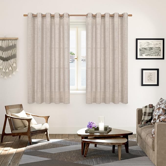 YoungsTex Natural Linen Curtains 63 Inch Length 2 Panel Linen Textured Curtains with Bronze Grommet Light Filtering Window Drapes for Living Room, 60 X 63 Inch