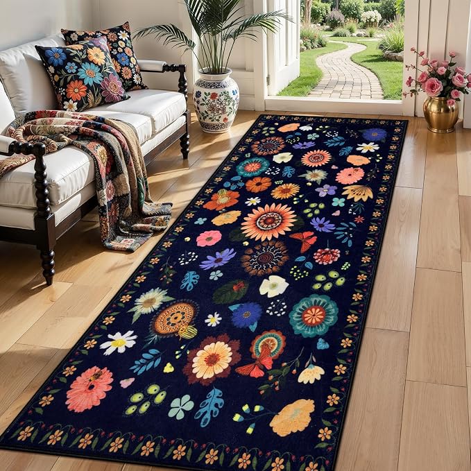 Ciicool 2x6 Runner Rug Non Slip，Floral Washable Kitchen Rugs for Hallways | Entryway Rug for Laundry Bedroom Bathroom Bedside,Boho Soft Low Pile Carpet Indoor Floor Mat Decor
