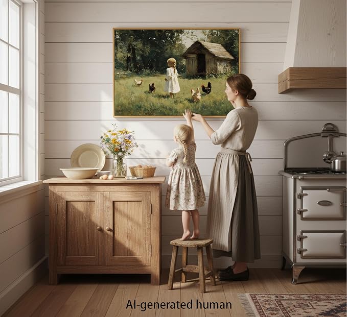 Misubvy Vintage Farmhouse Girl Canvas Wall Art,12x16in | Floating Framed- Chicken Poster Prints.Rural Cottagecore Picture,Country Painting for Bedroom Living Room Wall Decor