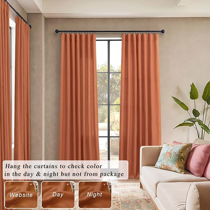 Pitalk Burnt Orange Linen Curtains 102 Inches Long for Living Room 2 Panels Set Back Tab Pocket Fall Drapes Semi Sheer Light Filtering Rust Terracotta Curtain 102 Length for Patio Sliding Door Bedroom