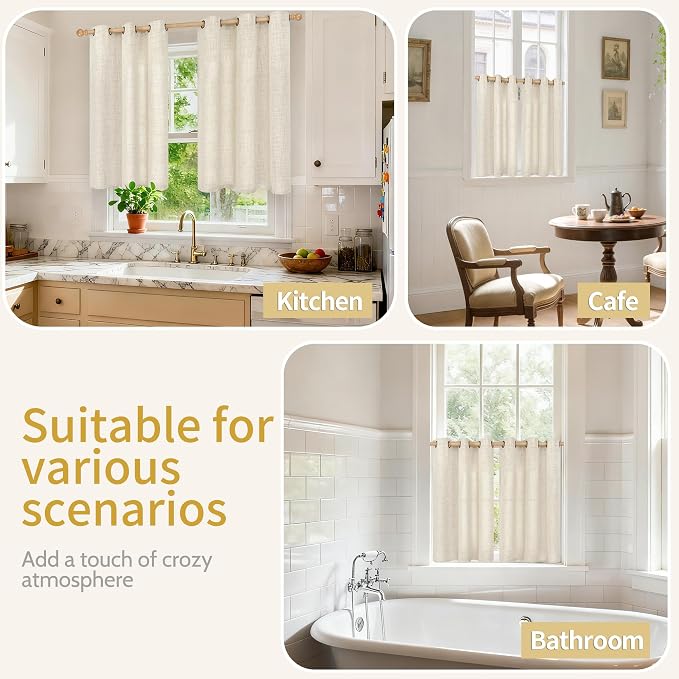 YoungsTex Linen Cafe Curtains 36 Inch Length 2 Panels, Short Half Window Drapes Light Filtering with Bronze Grommet Privacy for Bathroom Kitchen Window Decorative, 34 x 36 Inch