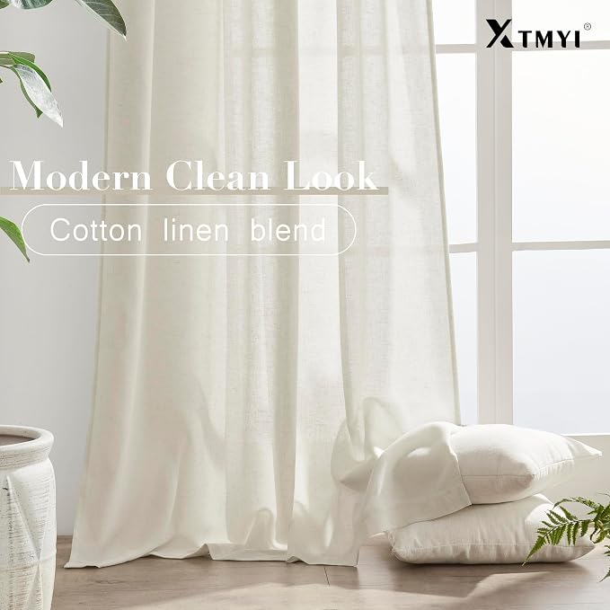 Extra Wide Curtains 70 In Width for 60 & 72 Inch Window,Pleated Back Tab Linen Semi Sheer Full Length Curtains for Living Room Sliding Glass Door 2 Panel Set,72x108,70x108,6FT x 108 Inches Long,Cream