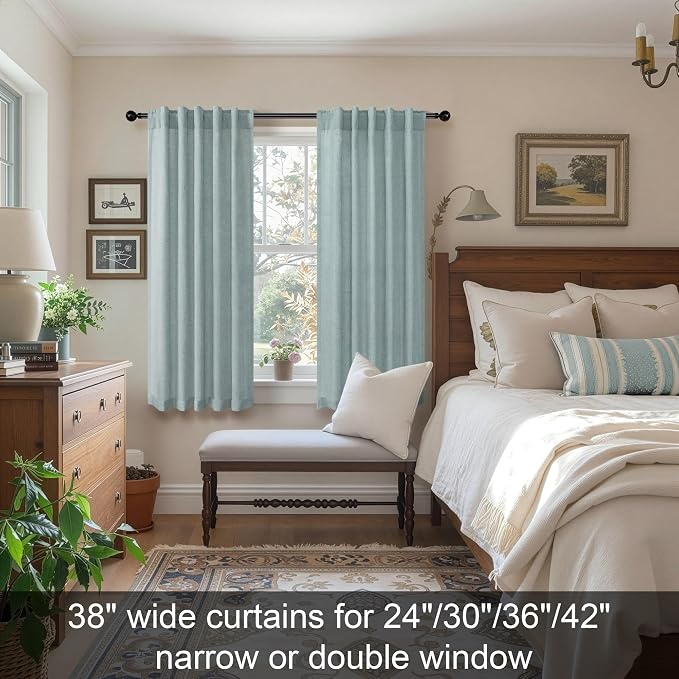 Seafoam Curtains 38 Inch Width for Kitchen 2 Panel Back Tab Rod Pocket Semi Sheer Linen Short Cafe Tier Blue Green Curtains for Bathroom Small Windows Basement Laundry Coastal Beach Wide 38x45 Length
