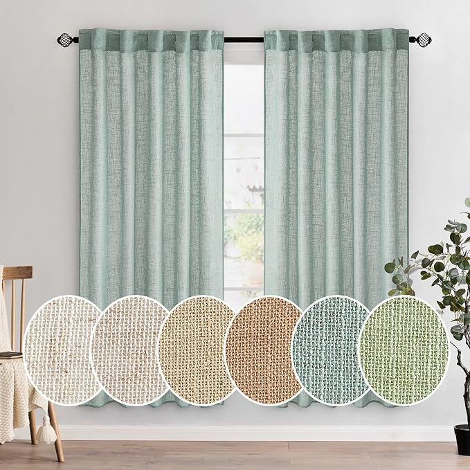 MIULEE Sea Green Linen Curtains 52x72 Inch for Bedroom Living Room 2 Panels | Soft Thick Linen Textured Window Drapes,Semi Sheer Light Filtering,Back Tab Rod Pocket,Burlap Look Aqua Decor