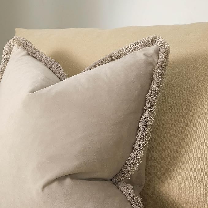 JUSPURBET Champagne Decorative Lumbar Velvet Fringe Throw Pillow Covers 12x20 Set of 2 Boho Soft Cushion Case for Home Decor Living Room Couch Sofa Bed