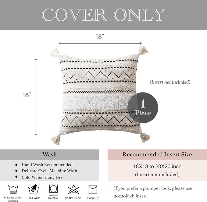 BlissBlush 18X18 Throw Pillow Cover, Cream Neutral Square Decorative Cushion Cover with Black Pattern, Boho Accent Pillowcase with Tufted Details and Tassels for Couch Sofa Living Room (Cover Only)