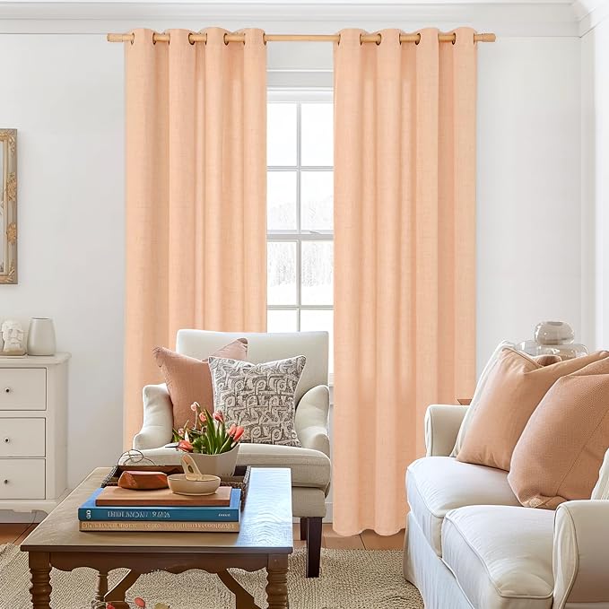 YoungsTex Peach Linen Curtains 84 Inch Length for Living Room 2 Panels | Light Filtering Drapes with Bronze Grommet for Dining Bedroom Window, 52 x 84 Inch