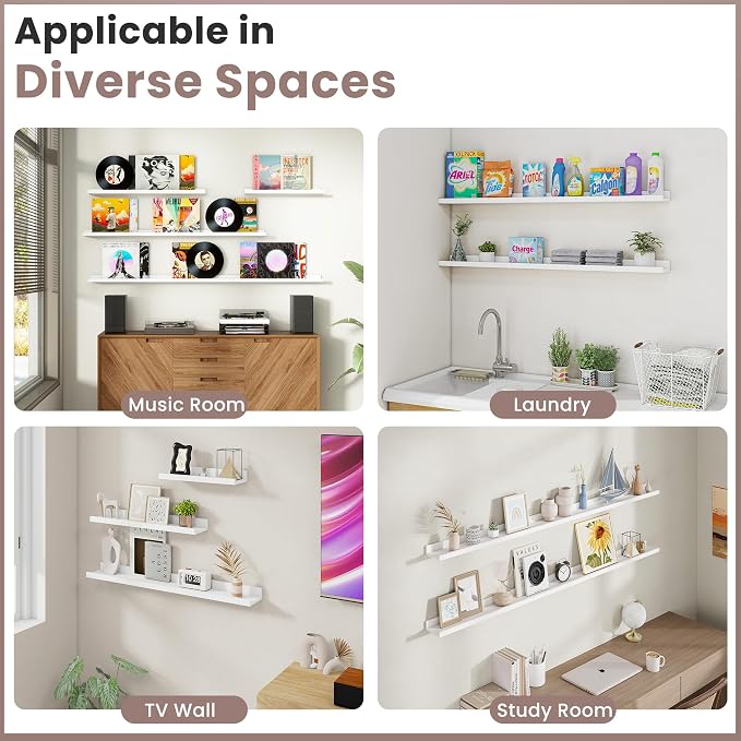 Acovy Long Floating Shelves for Wall, 72 inch Solid Wood Picture Ledge Shelf, Picture Shelf for Wall with Ledge, Floating Book Shelves for Living Room Bedroom Kitchen Nursery Decor, White, Set of 2
