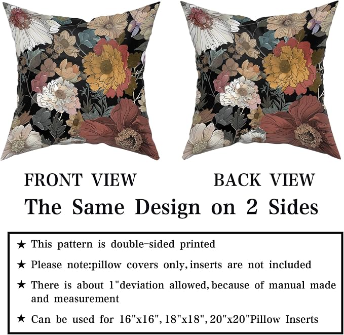 Giwawa Black Boho Flower Pillow Covers 20x20in Set of 2 Rustic Chic Floral Decorative Cotton Pillow Cases Vintage Botanical Plant Throw Cushion Covers for Sofa Couch Patio Indoor Outdoor