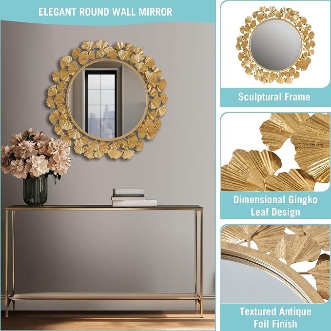 Martha Stewart Wall Décor Large Gingko Leaf Round Wall Mirror for Living Room, Iron Metal Plate Frame Antique Finish, Ready to Hang Bedroom Decoration, Eden, 30.5", Gold