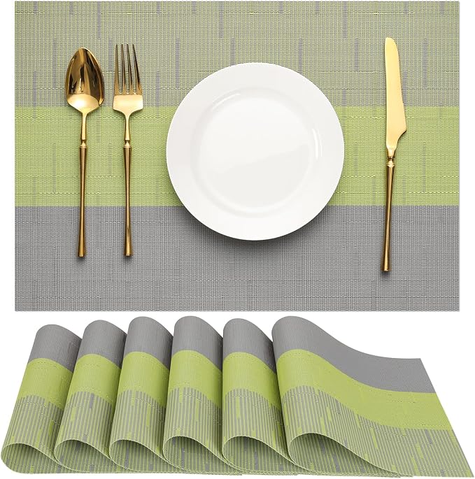 Placemats Set of 6, Vinyl Woven Heat-Resistant Place Mats | Washable Wipeable PVC Table Mats, Non Slip Placemat for Kitchen Dining Indoor Outdoor Table (Gray Grass Green, Set of 6)