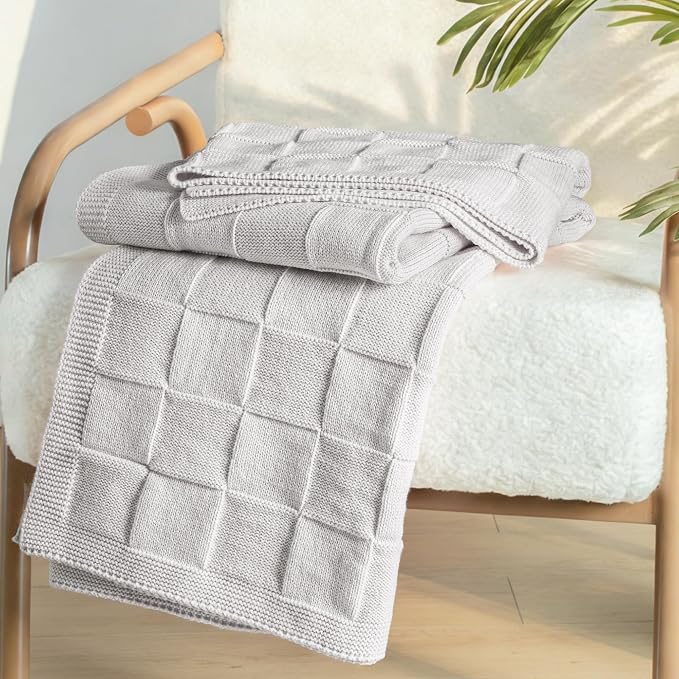 Whale Flotilla Checkered Knit Throw Blanket for Couch, Light Grey | Soft Decorative Knitted Blankets for Couch Sofa Bed, Lightweight Cozy Throws for Spring Summer, 50x60 Inch