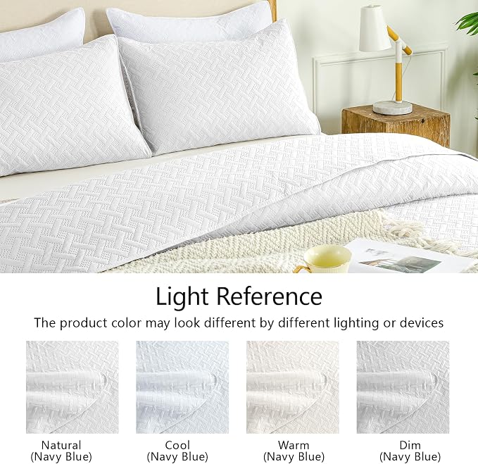 FLYMME Queen Quilt Bedding Set White Lightweight Bedspreads Full Size,Modern Style Geometric Weave Stripe Pattern,Soft Microfiber Bed Coverlet for All Season (1 Quilt, 2 Shams)